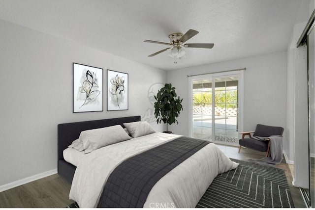 bedroom with access to exterior, dark hardwood / wood-style flooring, and ceiling fan