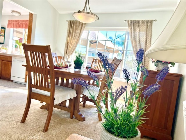 dining space featuring light colored carpet and a healthy amount of sunlight