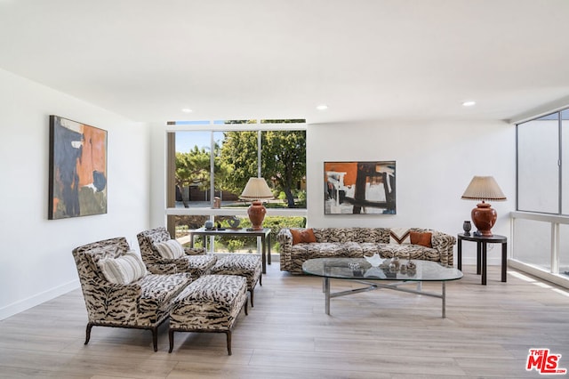 living room with light wood-type flooring and a wall of windows