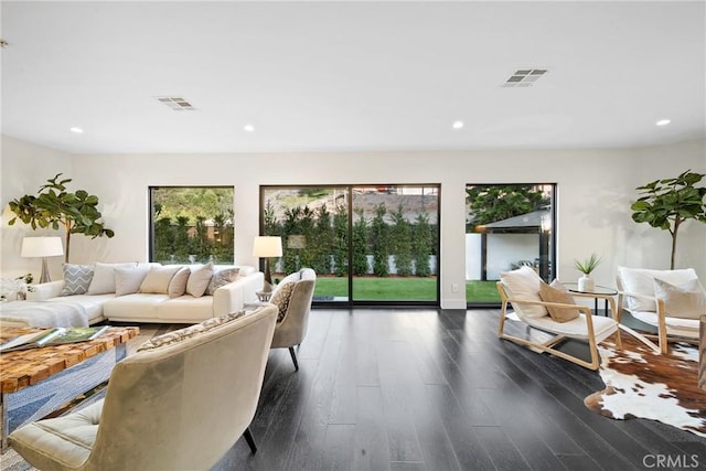 living area featuring dark wood-style floors, a wealth of natural light, and visible vents