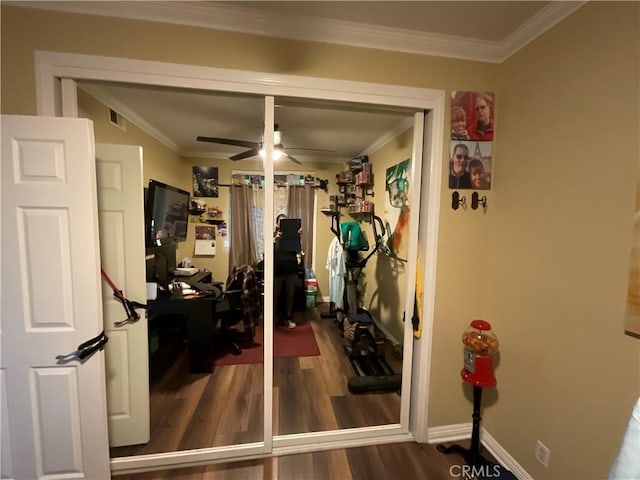 workout room with hardwood / wood-style flooring, ceiling fan, and crown molding