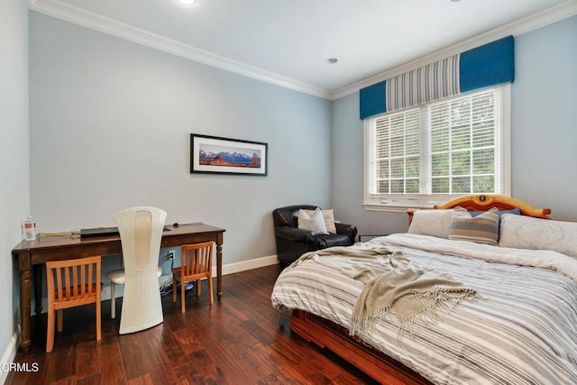 bedroom with ornamental molding and dark wood-type flooring