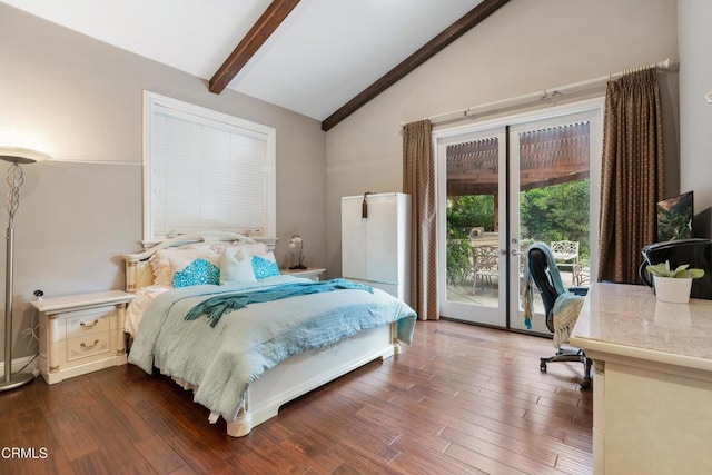 bedroom with access to exterior, dark hardwood / wood-style flooring, beamed ceiling, and high vaulted ceiling