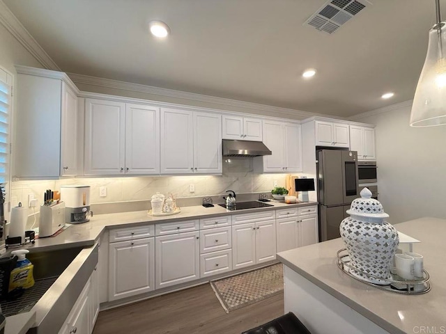 kitchen with white cabinetry, crown molding, appliances with stainless steel finishes, and dark wood-type flooring