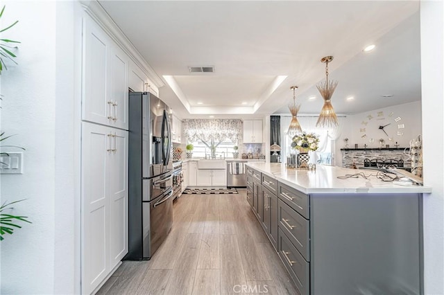 kitchen with light hardwood / wood-style floors, white cabinetry, stainless steel appliances, and a tray ceiling