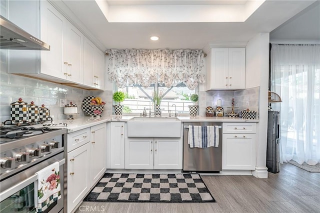 kitchen featuring light wood-type flooring, stainless steel appliances, sink, wall chimney range hood, and white cabinets