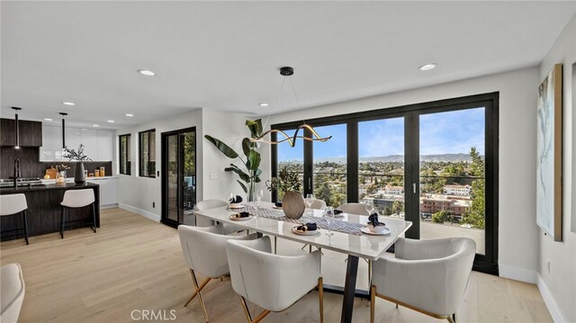 dining space with light hardwood / wood-style flooring and sink