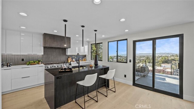 kitchen featuring light wood-type flooring, tasteful backsplash, a kitchen island with sink, decorative light fixtures, and white cabinets