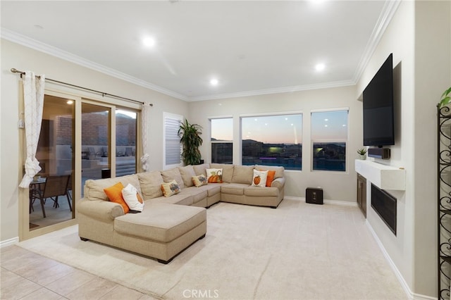 tiled living room featuring ornamental molding