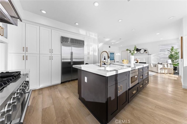 kitchen with white cabinets, light wood-type flooring, a center island with sink, and high end appliances