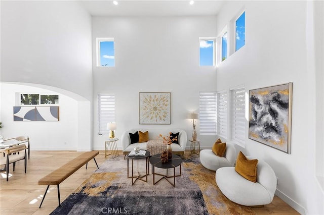 living room featuring hardwood / wood-style floors, a towering ceiling, and a healthy amount of sunlight