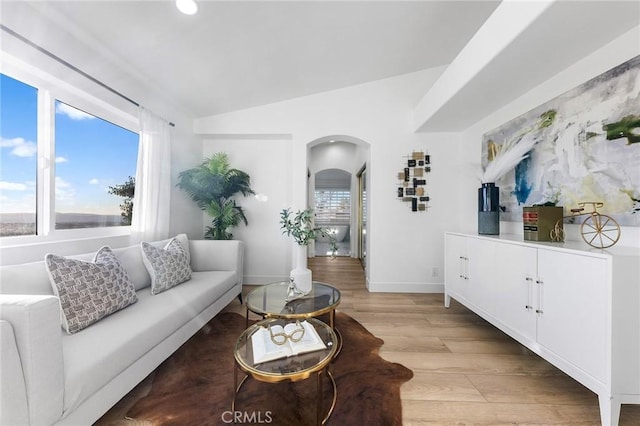 living room featuring lofted ceiling and light wood-type flooring