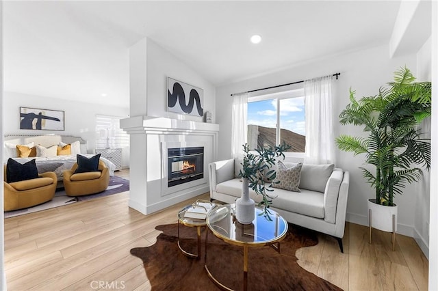 living room with light hardwood / wood-style flooring and lofted ceiling