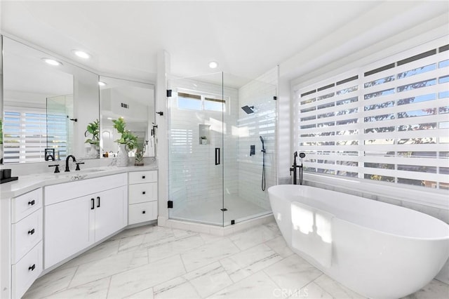 bathroom featuring vanity, a healthy amount of sunlight, and independent shower and bath