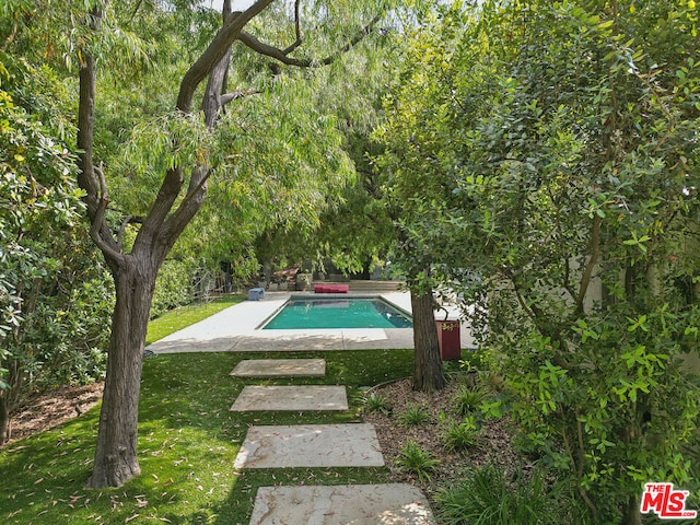 view of swimming pool featuring a yard and a patio