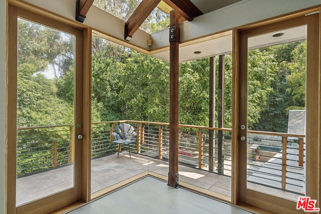 doorway featuring beam ceiling, plenty of natural light, and hardwood / wood-style flooring