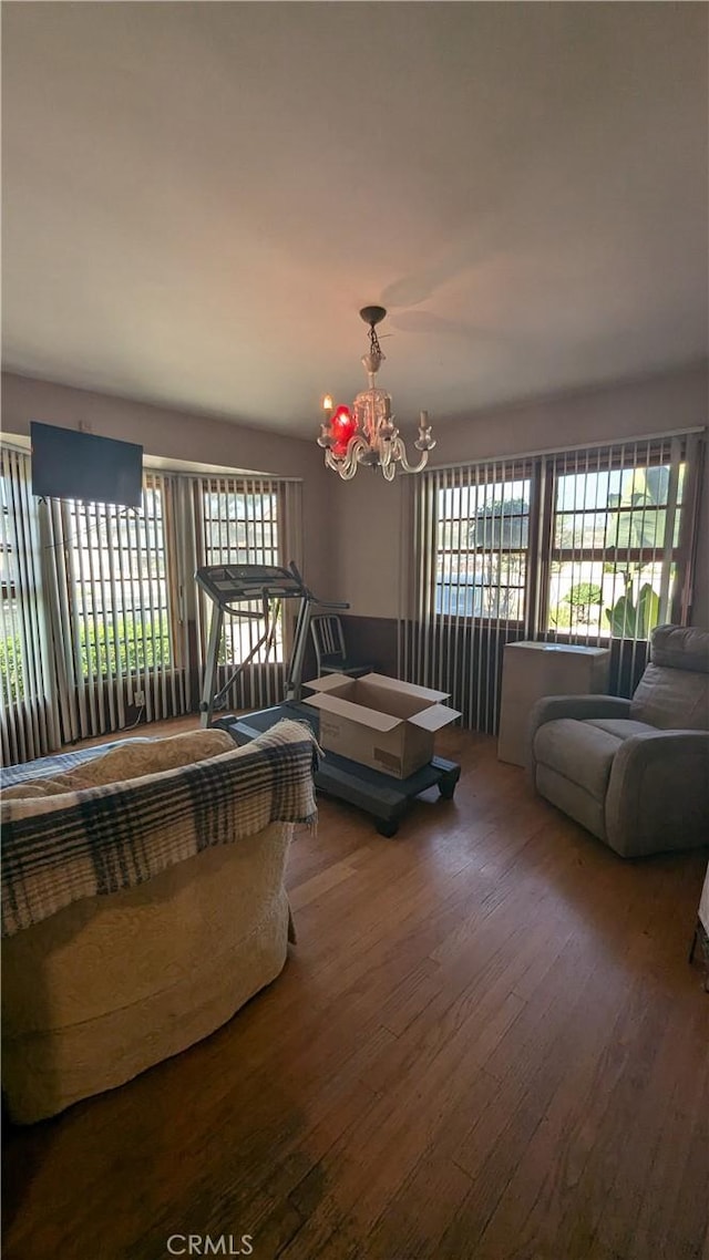 living room with a chandelier, hardwood / wood-style floors, and a healthy amount of sunlight