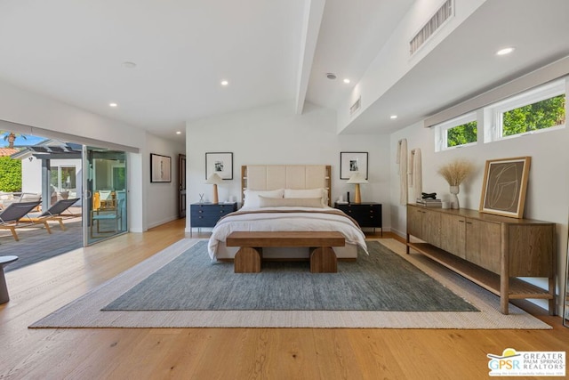 bedroom featuring multiple windows, access to exterior, vaulted ceiling with beams, and light wood-type flooring