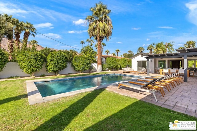 view of pool featuring a pergola, a lawn, and a patio