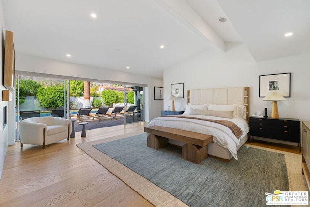 bedroom with vaulted ceiling with beams, access to outside, and light wood-type flooring