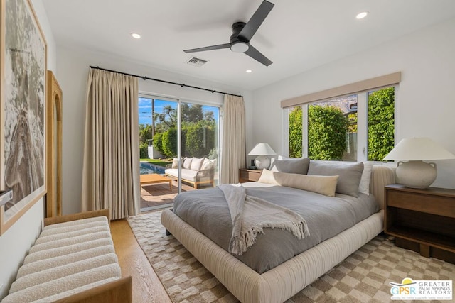 bedroom featuring ceiling fan and access to outside