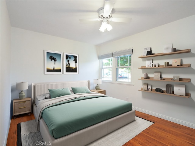 bedroom with hardwood / wood-style floors and ceiling fan