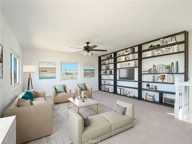 living room with light carpet and ceiling fan