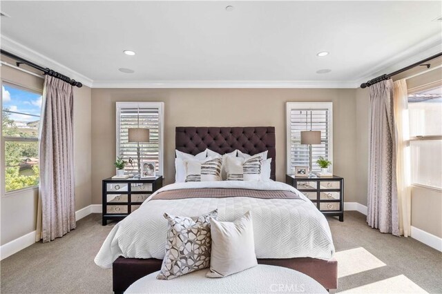 bedroom with light colored carpet and ornamental molding