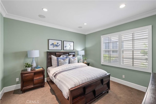 bedroom featuring carpet and crown molding