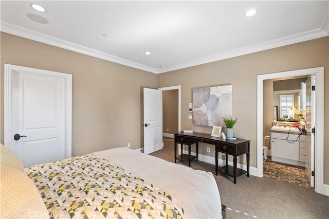 bedroom featuring dark carpet and ornamental molding