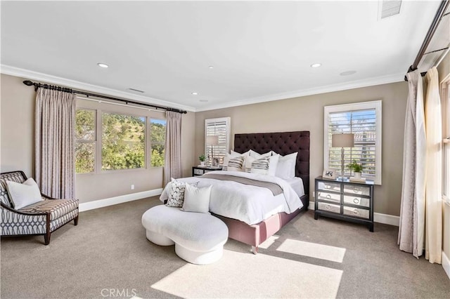 carpeted bedroom featuring ornamental molding