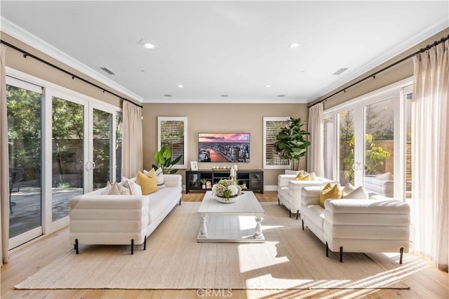 living room featuring french doors, a healthy amount of sunlight, and light hardwood / wood-style flooring