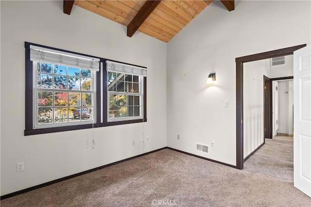 empty room featuring wooden ceiling, vaulted ceiling with beams, and light colored carpet