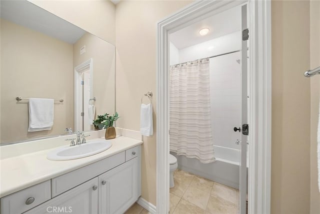 full bathroom featuring tile patterned floors, vanity, shower / bathtub combination with curtain, and toilet