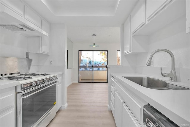 kitchen featuring hanging light fixtures, appliances with stainless steel finishes, white cabinetry, light hardwood / wood-style floors, and sink