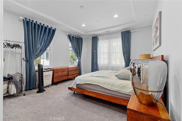 bedroom featuring carpet floors, a tray ceiling, and recessed lighting