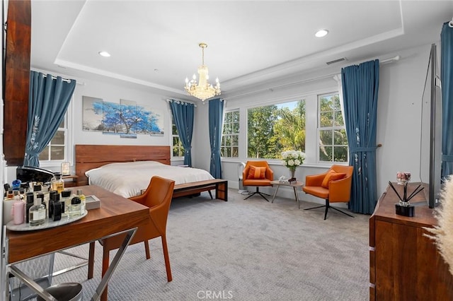 bedroom featuring carpet floors, a raised ceiling, visible vents, and an inviting chandelier