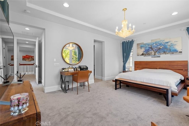 bedroom with a notable chandelier, light carpet, recessed lighting, baseboards, and a raised ceiling