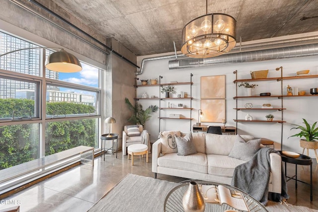 living room featuring an inviting chandelier