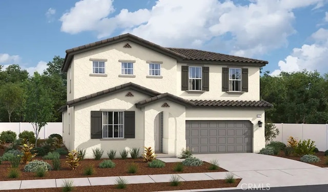3398 Lakota Ln, Jurupa Valley, CA 92509 - mediterranean / spanish house with driveway, a tiled roof, fence, an attached garage, and stucco siding