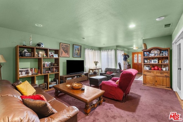 carpeted living room with a textured ceiling