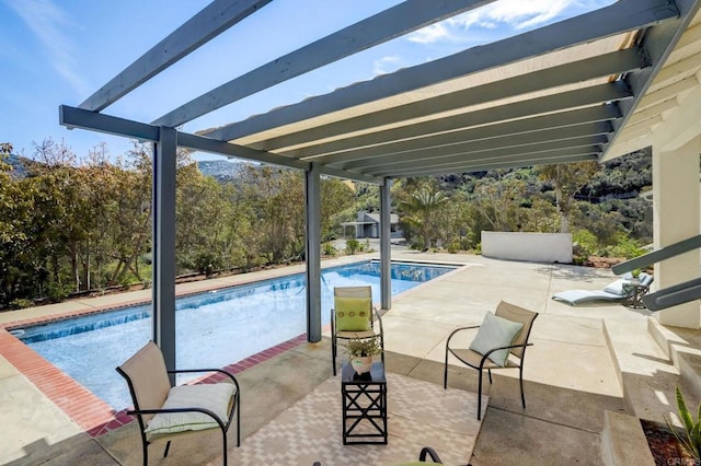 view of swimming pool featuring a pergola and a patio area