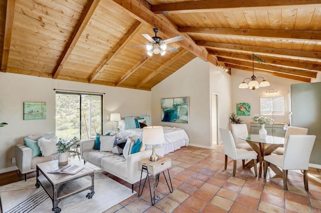 tiled bedroom with beam ceiling, wood ceiling, a chandelier, and high vaulted ceiling