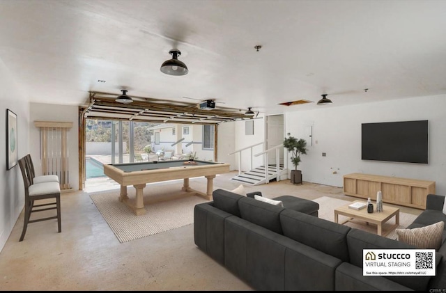 recreation room with ceiling fan and billiards