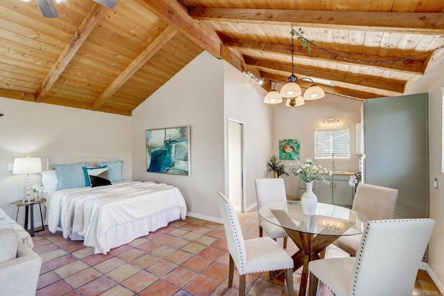 tiled bedroom with an inviting chandelier, wood ceiling, high vaulted ceiling, and beamed ceiling