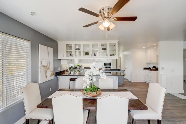 dining space featuring ceiling fan and wood-type flooring