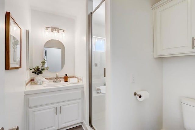 bathroom featuring toilet, an enclosed shower, and vanity