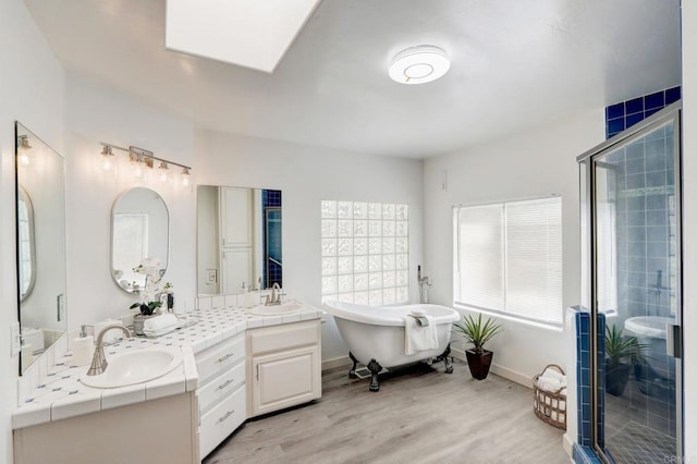 bathroom with separate shower and tub, vanity, and wood-type flooring