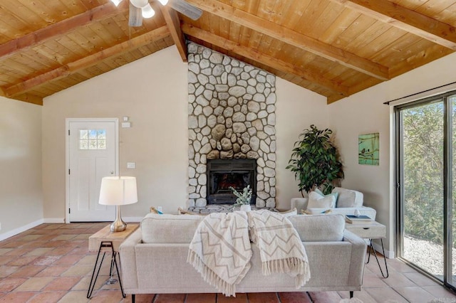 living room featuring ceiling fan, vaulted ceiling with beams, wood ceiling, and a stone fireplace