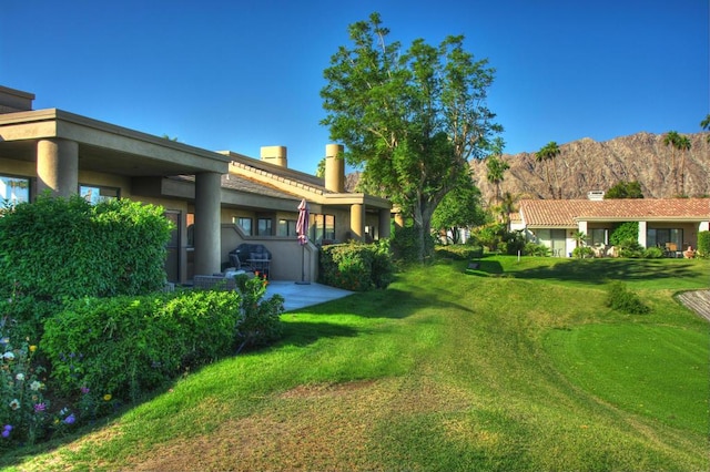 view of yard featuring a patio area and a mountain view